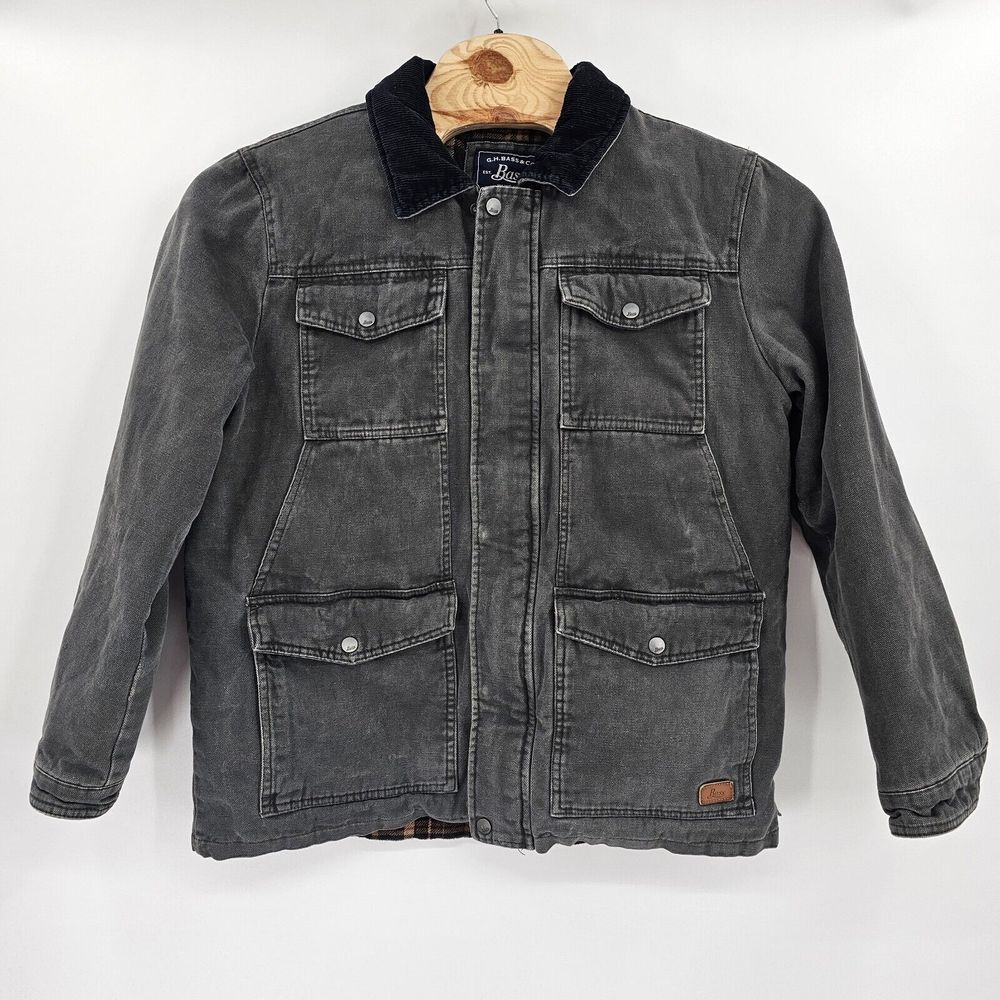 G. H. Bass‎ & Co. Large Flannel Lined Jacket Snap Button Faded Gray Pockets Flaw